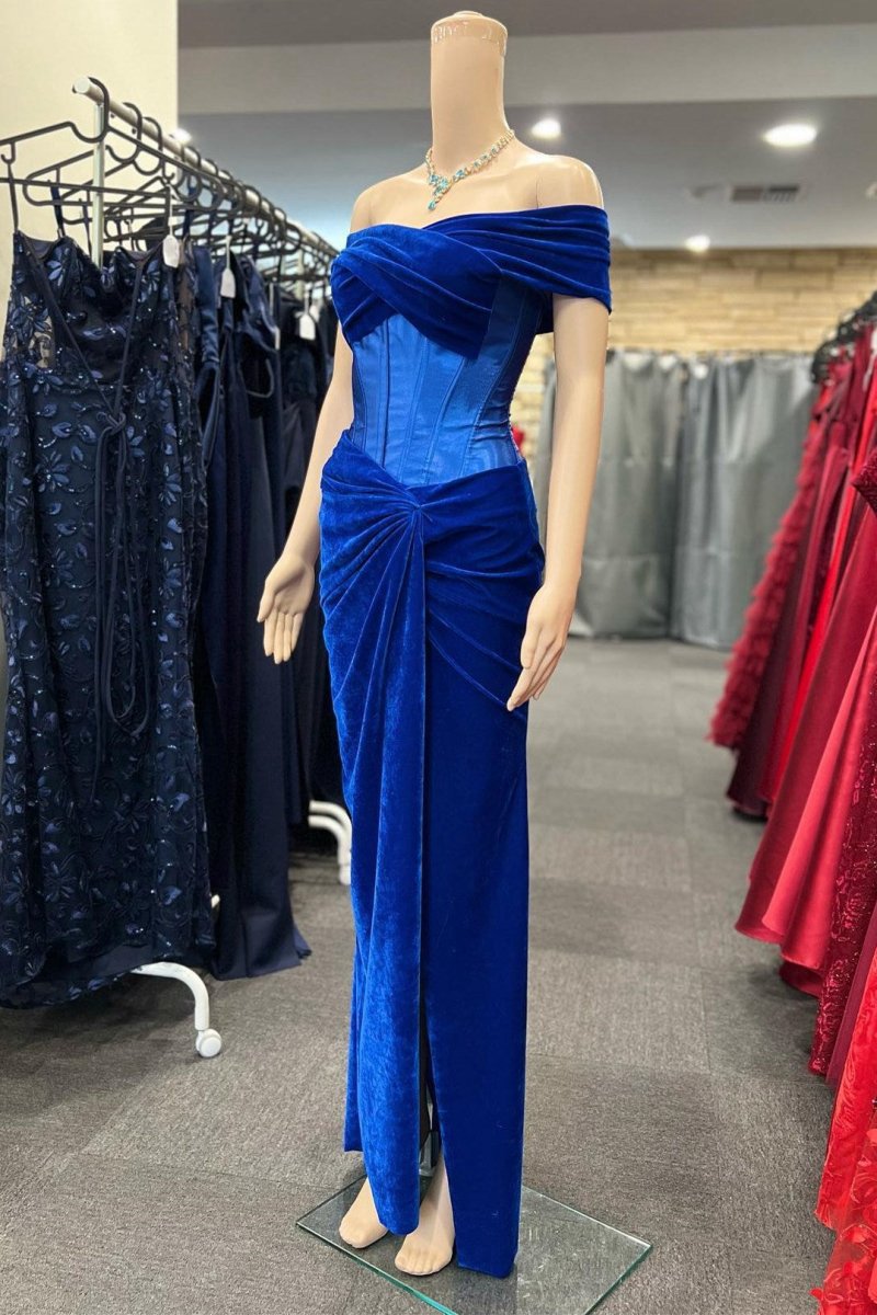 Velvet Off-the-Shoulder Twist-Knot Sheath Formal Gown
