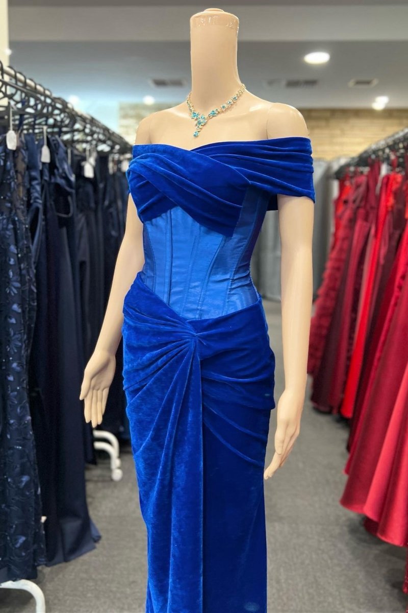 Velvet Off-the-Shoulder Twist-Knot Sheath Formal Gown