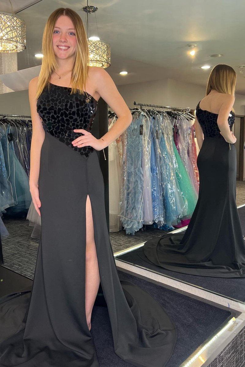 Cut Glass Mirror One-Shoulder Trumpet Long Formal Dresses with Slit