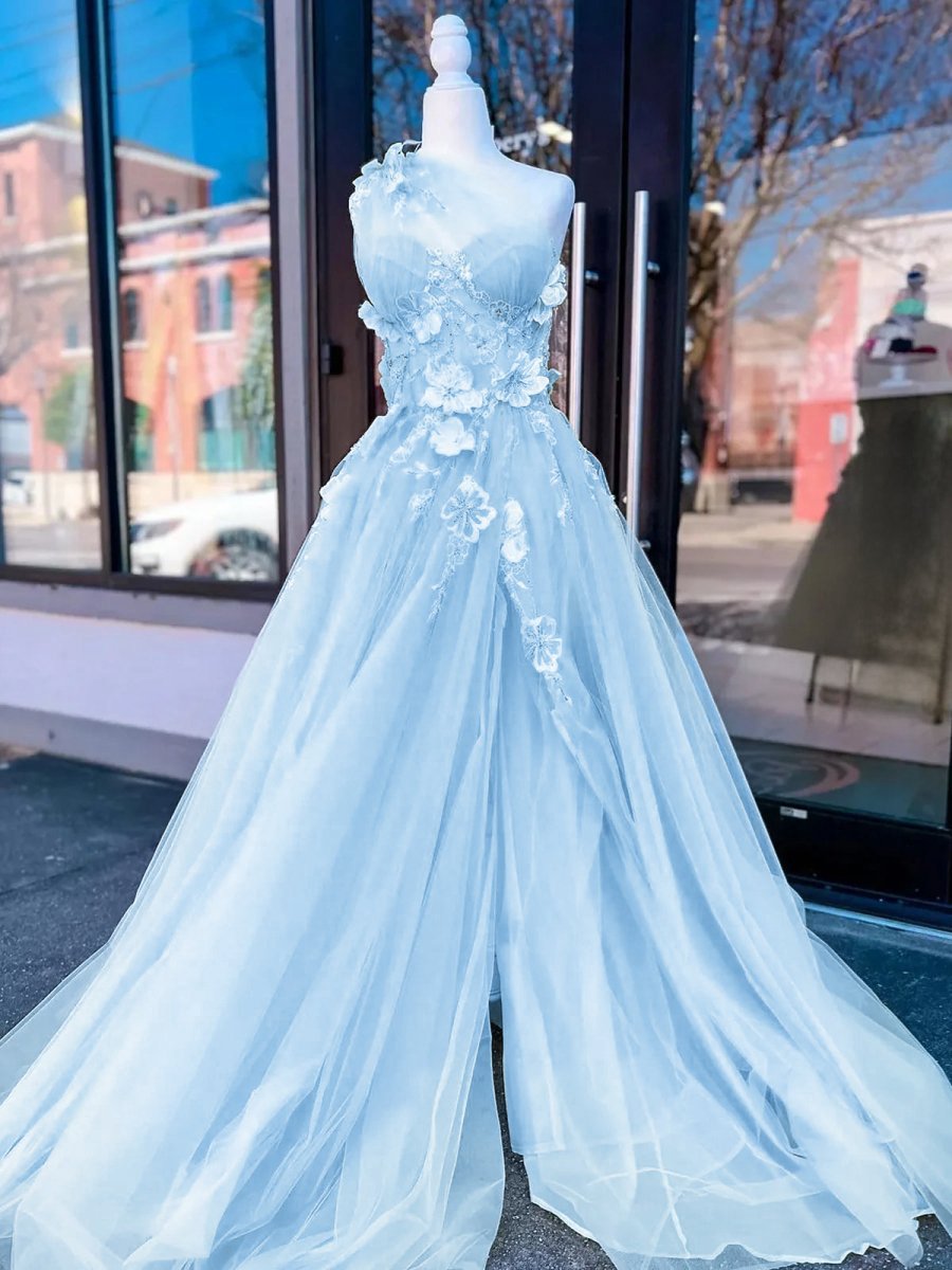 Light One Shoulder 3D Appliques Beading Long Prom Dresses with Slit
