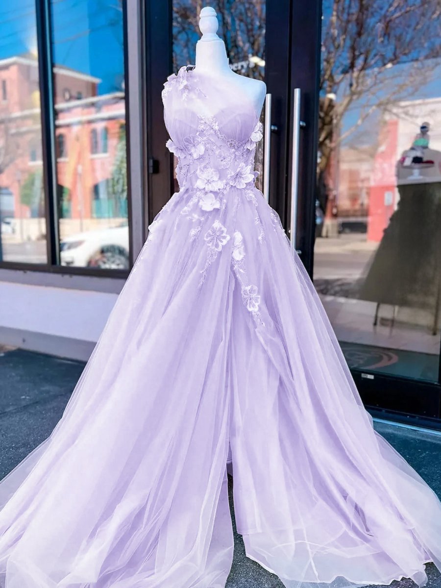 Light One Shoulder 3D Appliques Beading Long Prom Dresses with Slit