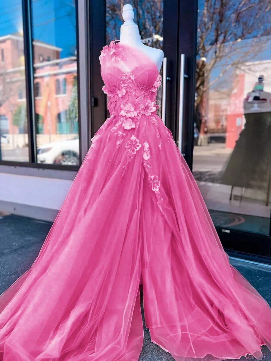 Light One Shoulder 3D Appliques Beading Long Prom Dresses with Slit