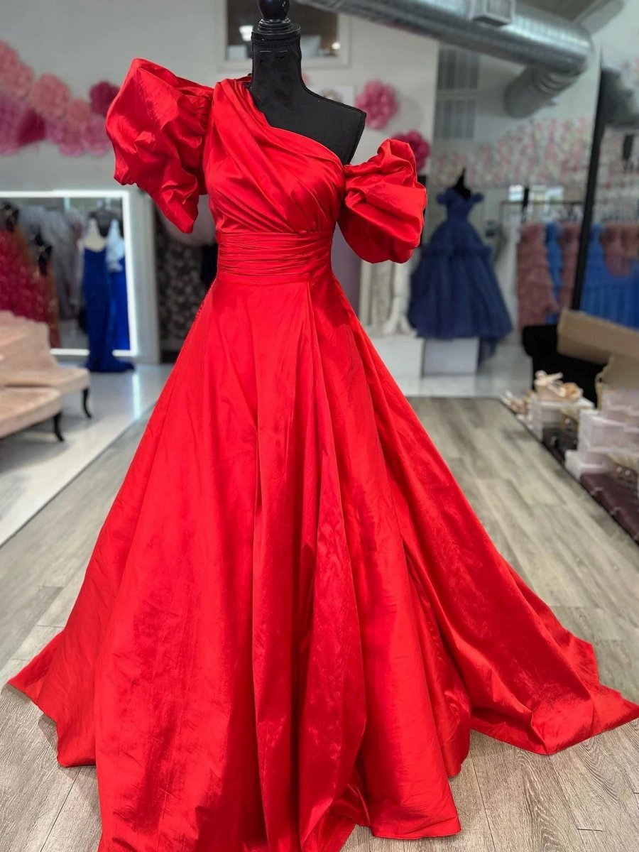 One-Shoulder A-line Long Prom Dresses with Puff Sleeves