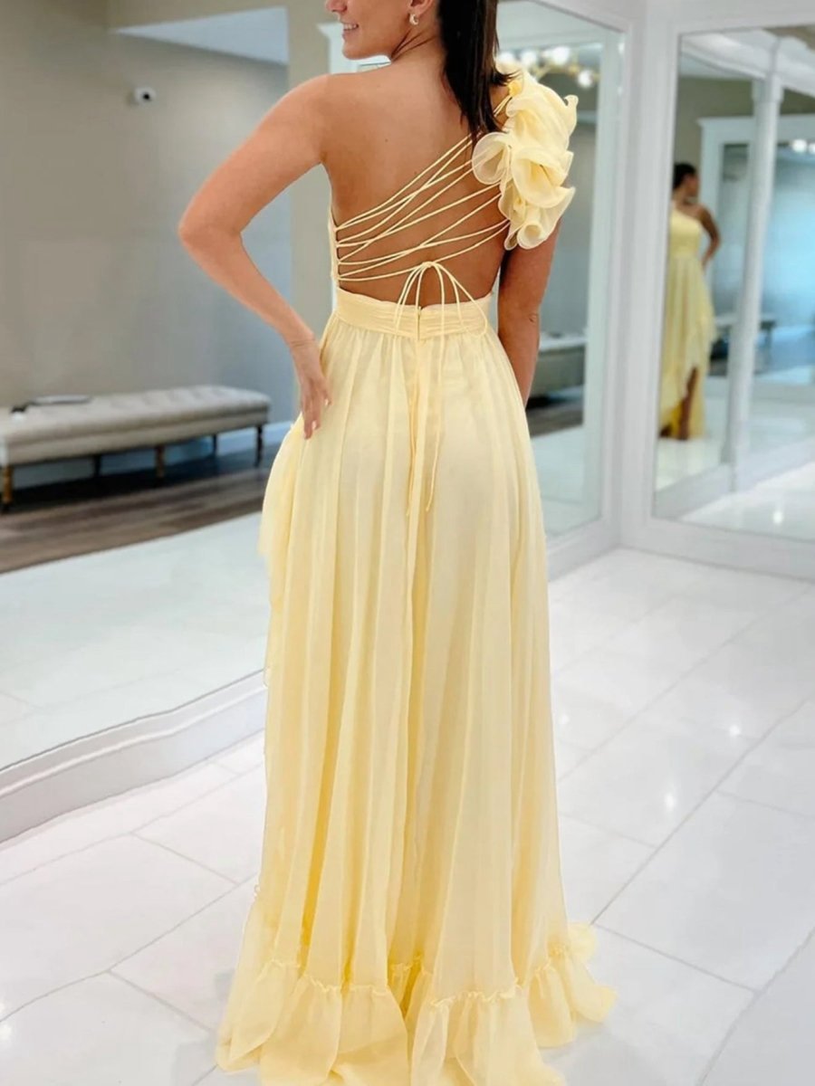 Light A-line One Shoulder Lace-Up Pleated Ruffle High-Low Prom Dresses