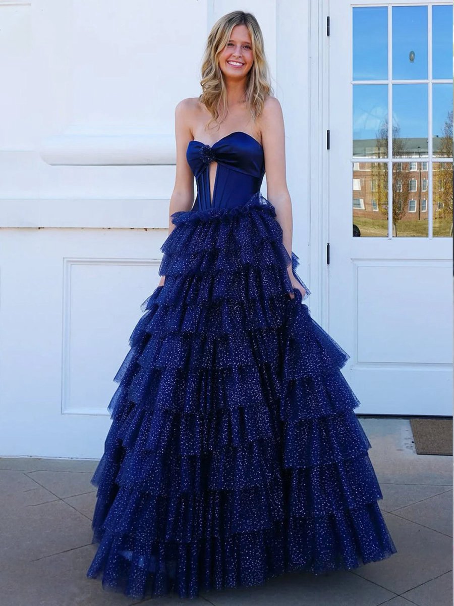 A-line Sweetheart Keyhole Tie Tulle Long Prom Dresses