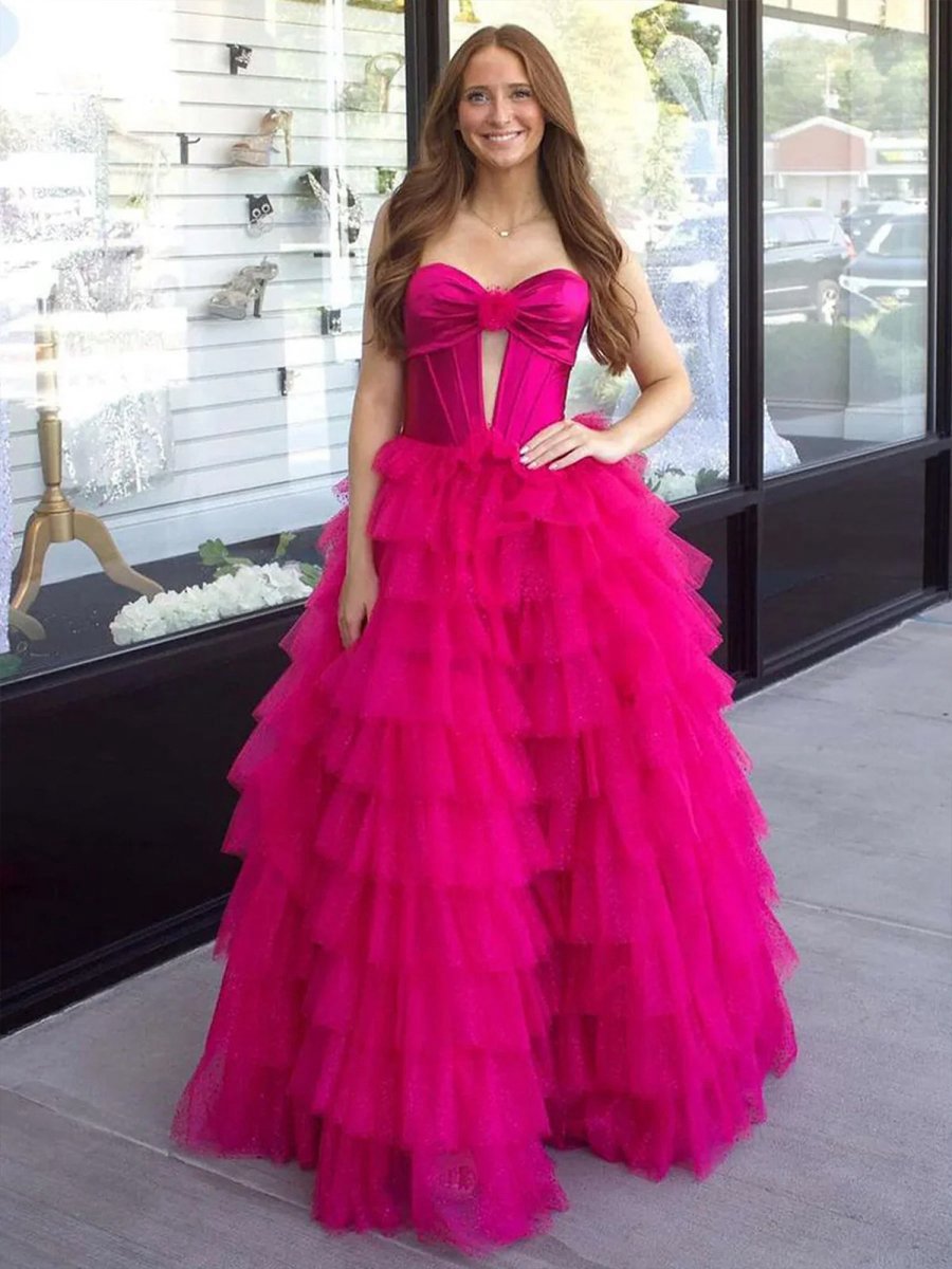 A-line Sweetheart Keyhole Tie Tulle Long Prom Dresses