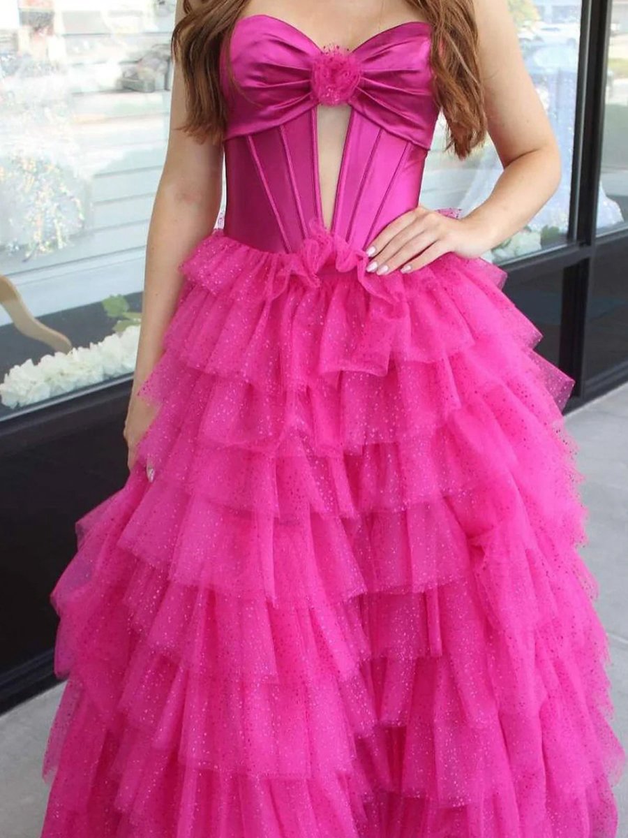 A-line Sweetheart Keyhole Tie Tulle Long Prom Dresses