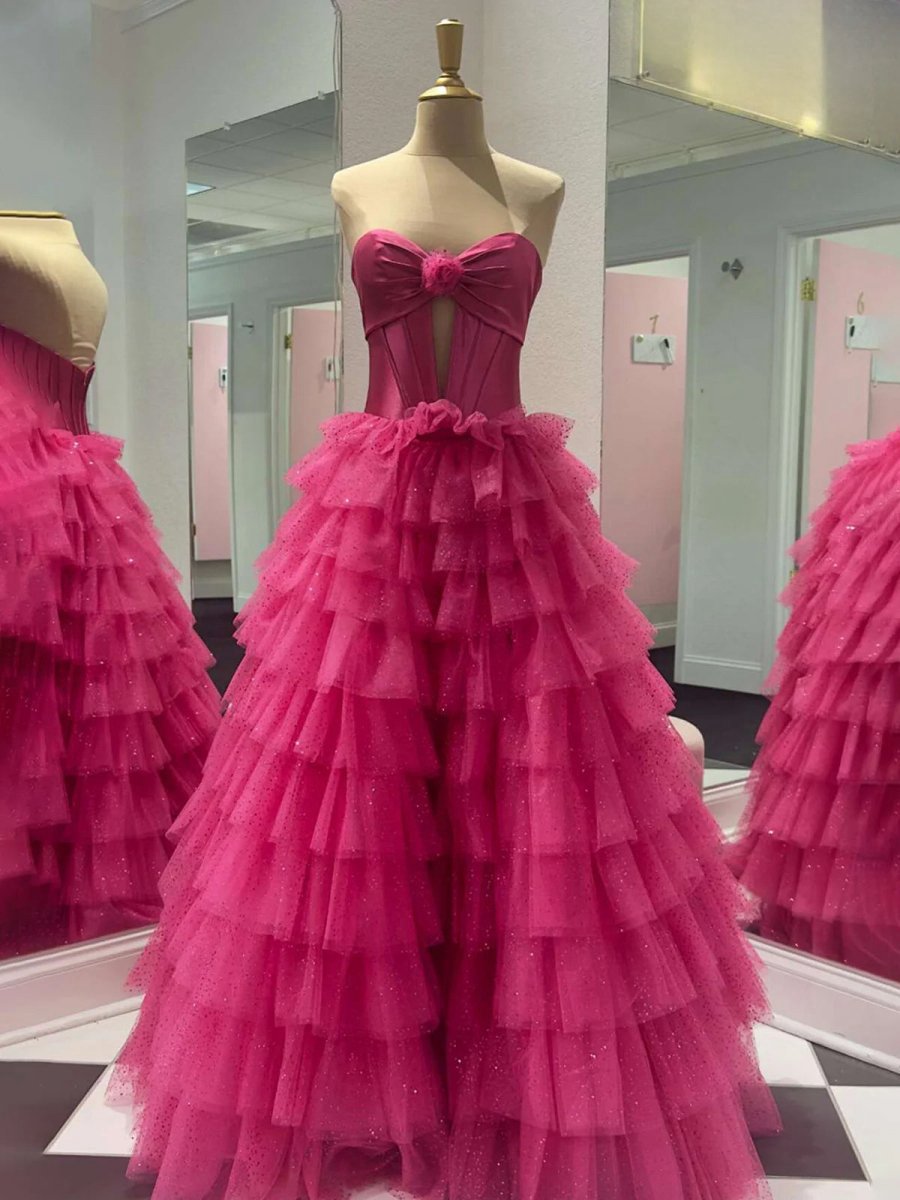 A-line Sweetheart Keyhole Tie Tulle Long Prom Dresses
