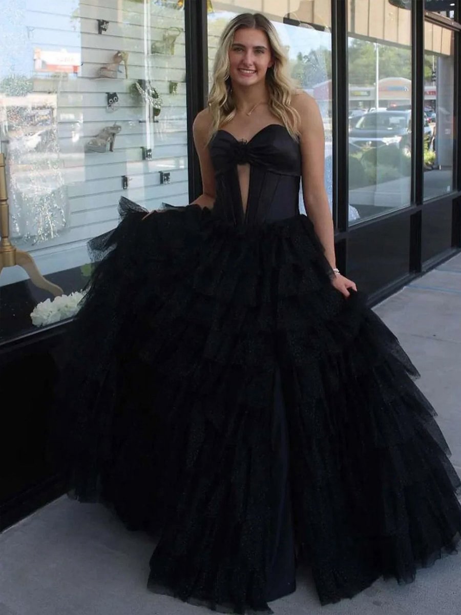 A-line Sweetheart Keyhole Tie Tulle Long Prom Dresses