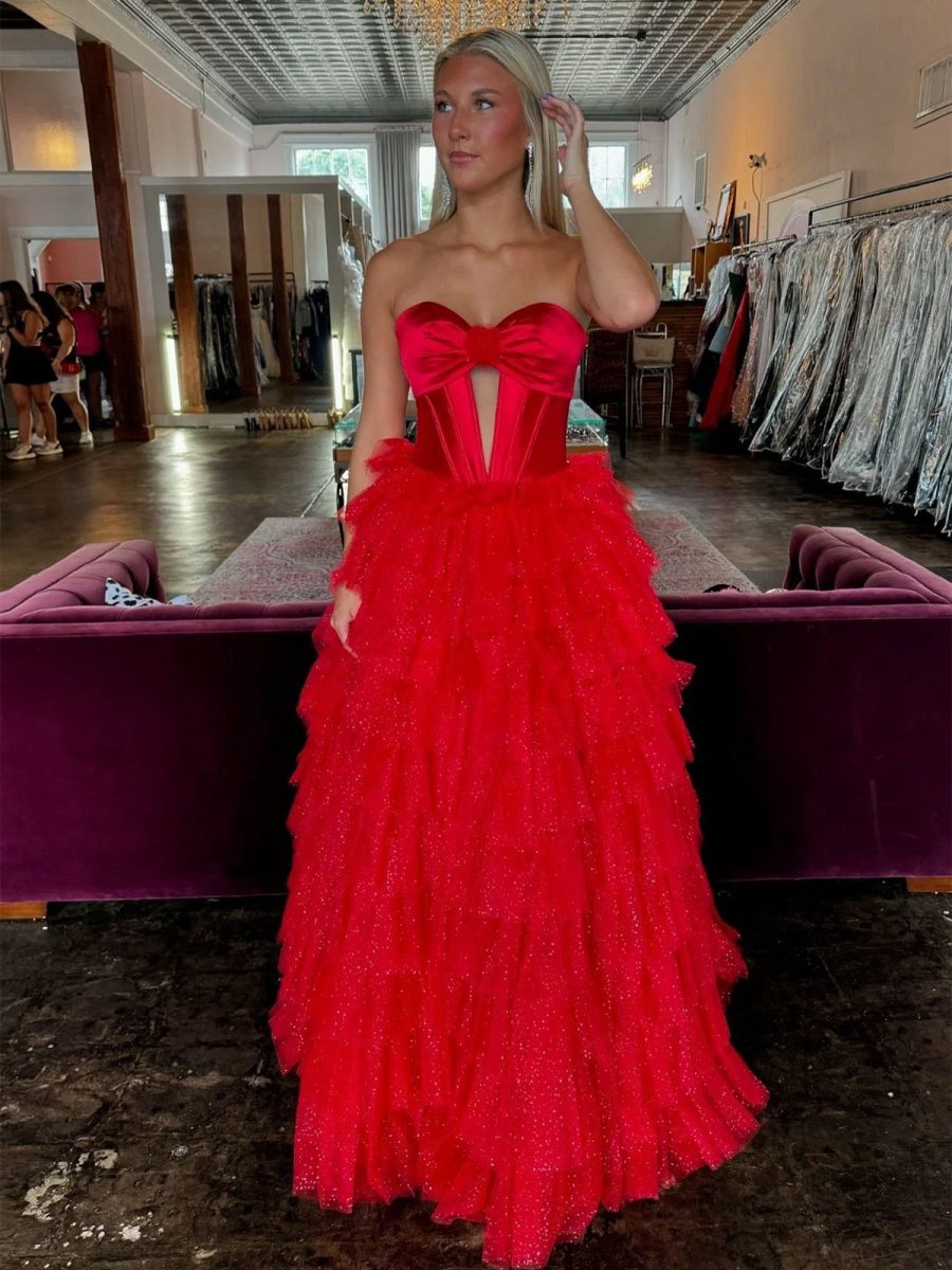 A-line Sweetheart Keyhole Tie Tulle Long Prom Dresses