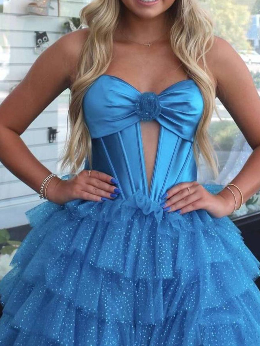 A-line Sweetheart Keyhole Tie Tulle Long Prom Dresses