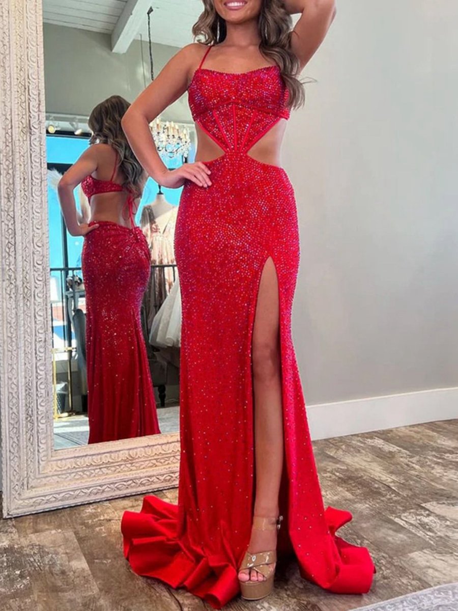 Spaghetti Straps Cutout Beaded Mermaid Long Dresses with Split