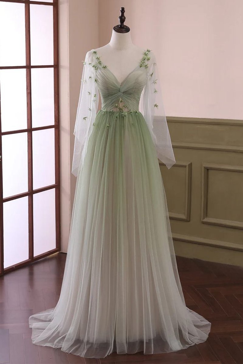 Sage Long Sleeves A-line Tulle Prom Dresses with Appliques