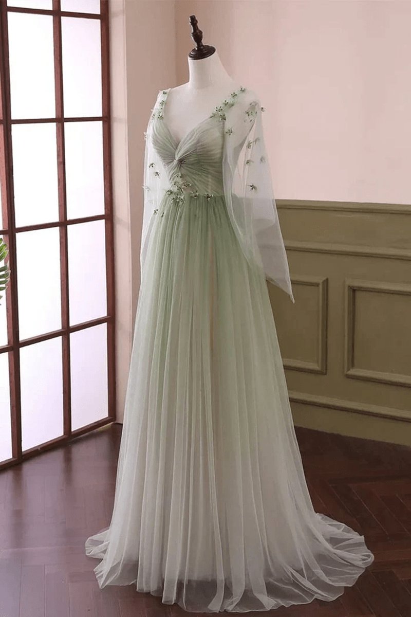 Sage Long Sleeves A-line Tulle Prom Dresses with Appliques