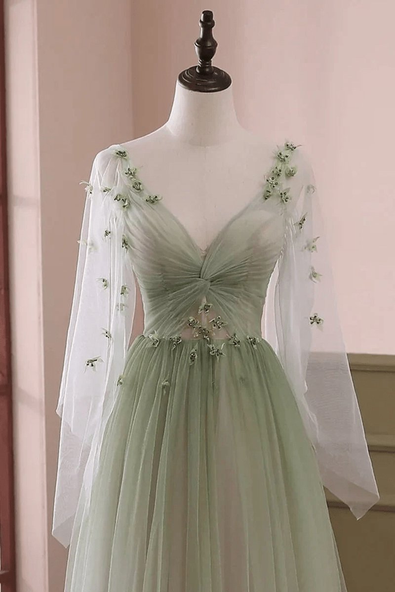 Sage Long Sleeves A-line Tulle Prom Dresses with Appliques