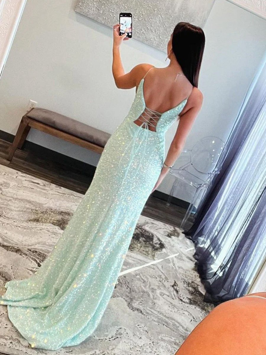 Mint Spaghetti Straps Sequins Mermaid Long Prom Dresses with Split