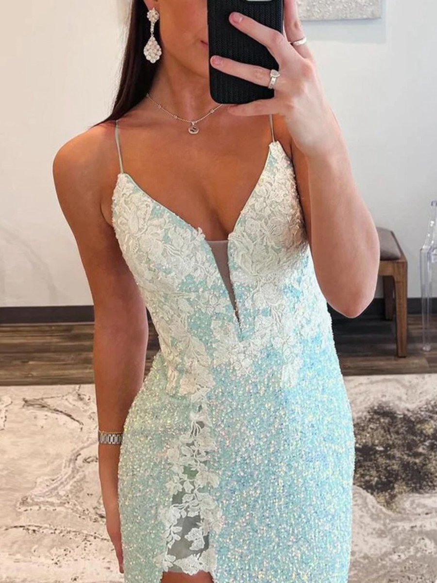 Mint Spaghetti Straps Sequins Mermaid Long Prom Dresses with Split