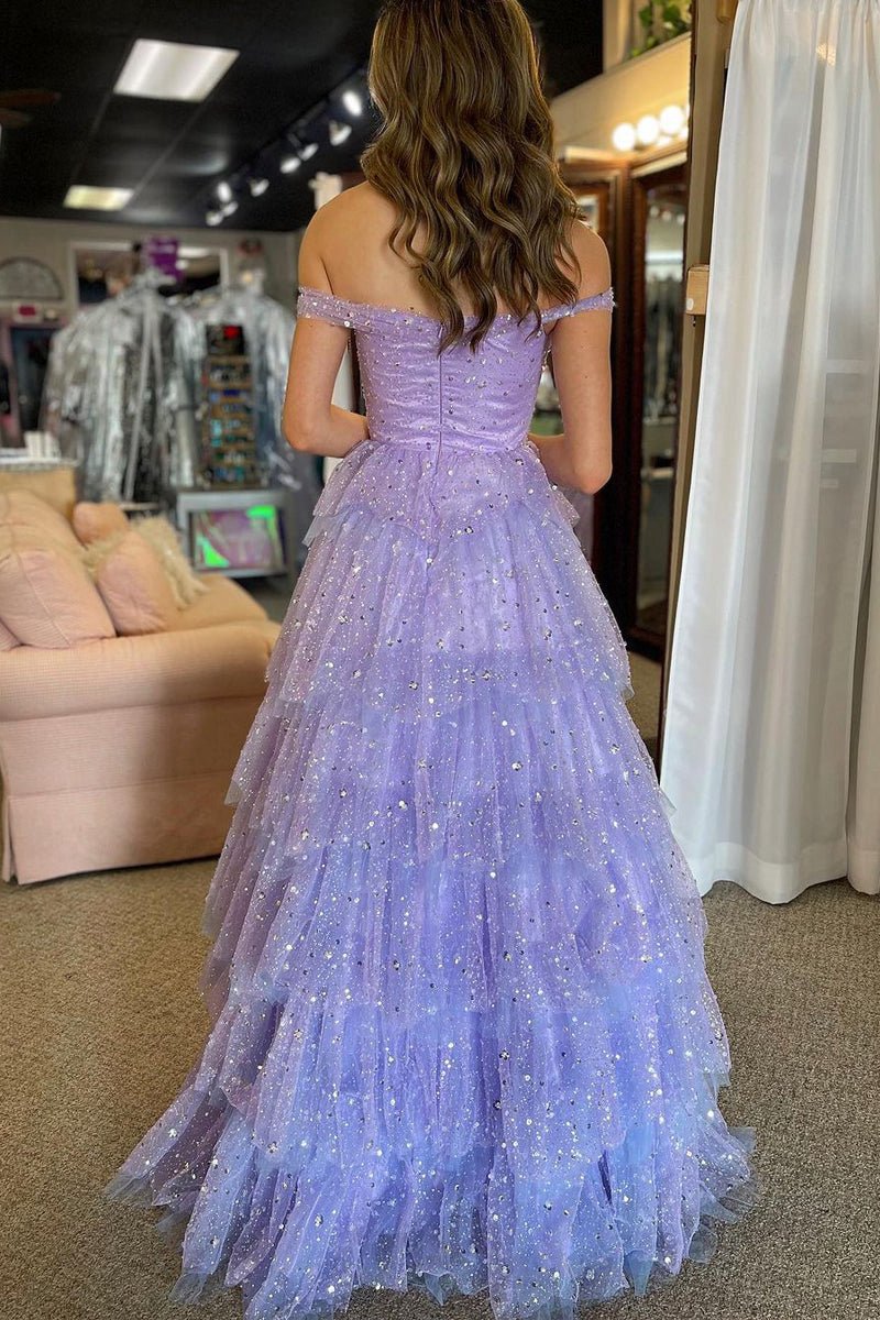 A-line Off the Shoulder Ruffle Tie Tulle Long Prom Dresses