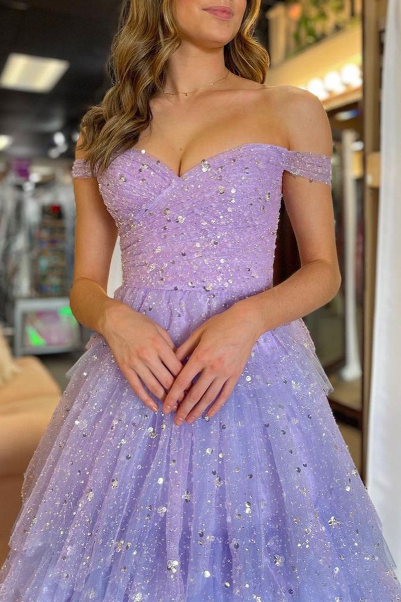 A-line Off the Shoulder Ruffle Tie Tulle Long Prom Dresses