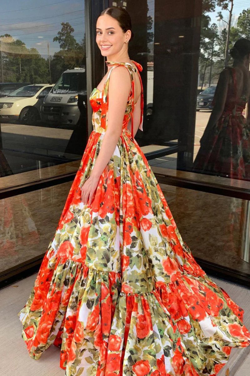 A-line Floral Printed Satin Sweetheart Long Prom Dresses