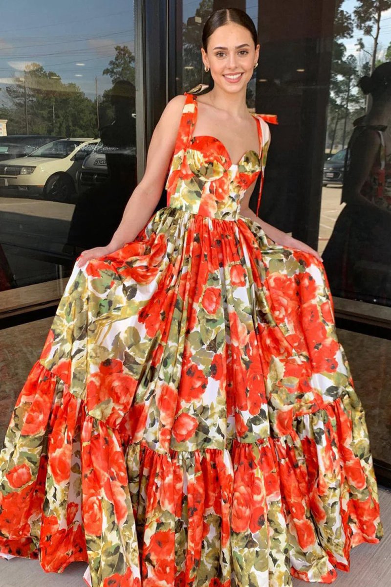 A-line Floral Printed Satin Sweetheart Long Prom Dresses