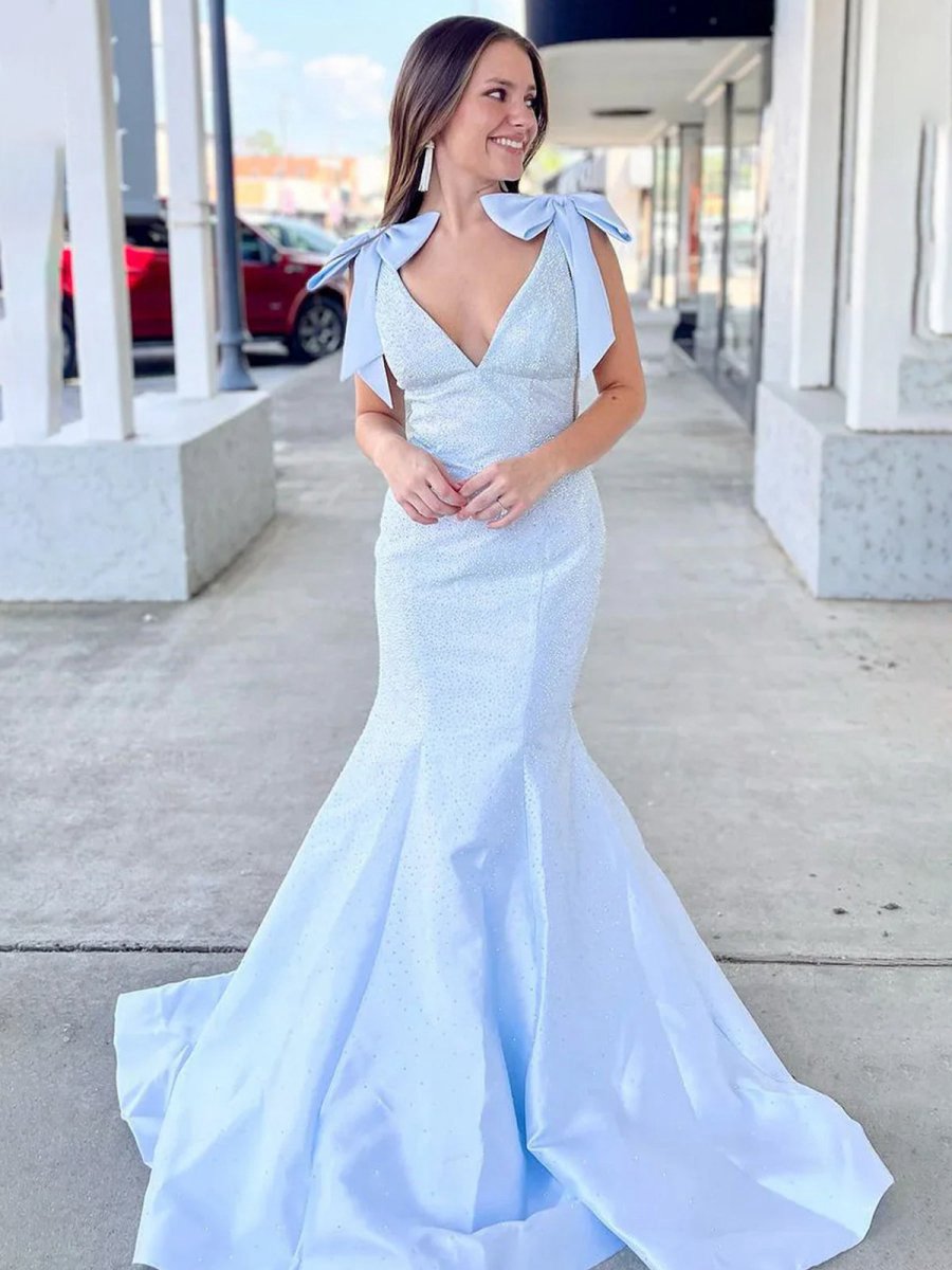 V Neck Mermaid Satin Long Prom Dresses with Bow
