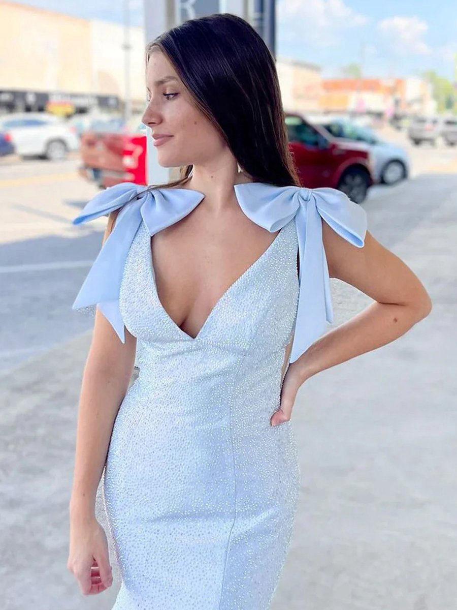 V Neck Mermaid Satin Long Prom Dresses with Bow
