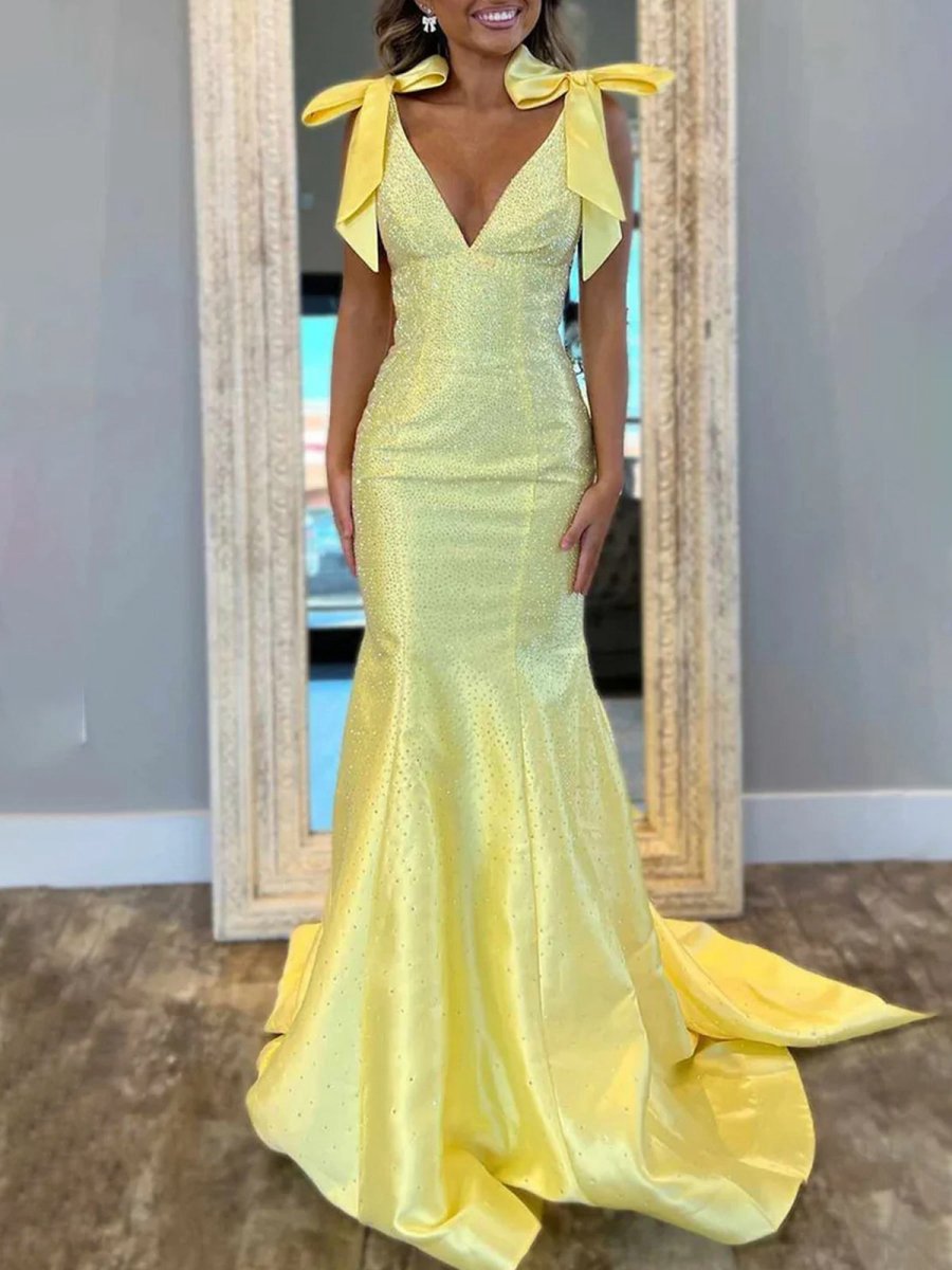 V Neck Mermaid Satin Long Prom Dresses with Bow