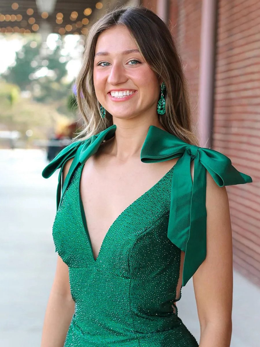 V Neck Mermaid Satin Long Prom Dresses with Bow