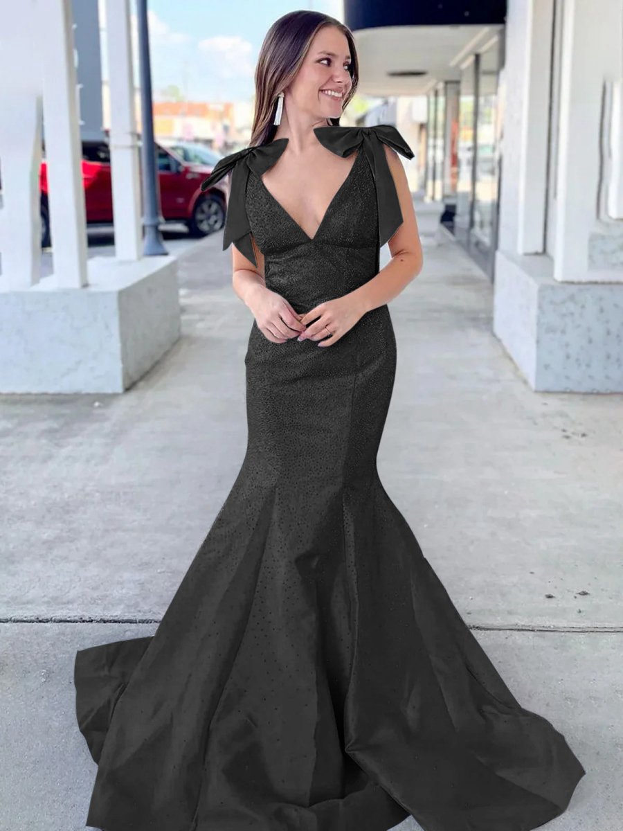 V Neck Mermaid Satin Long Prom Dresses with Bow