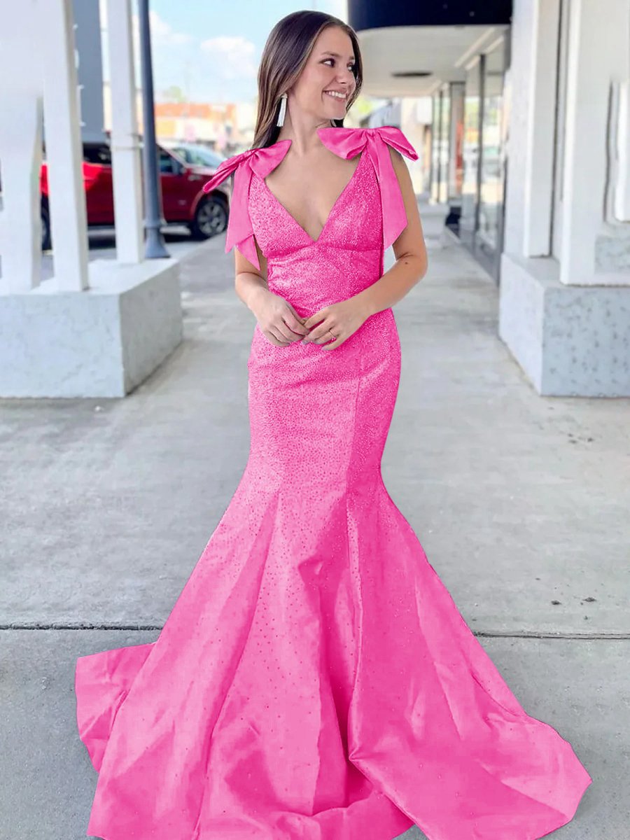 V Neck Mermaid Satin Long Prom Dresses with Bow