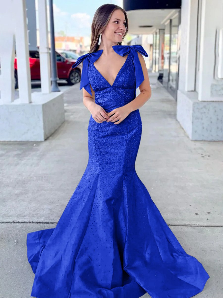 V Neck Mermaid Satin Long Prom Dresses with Bow