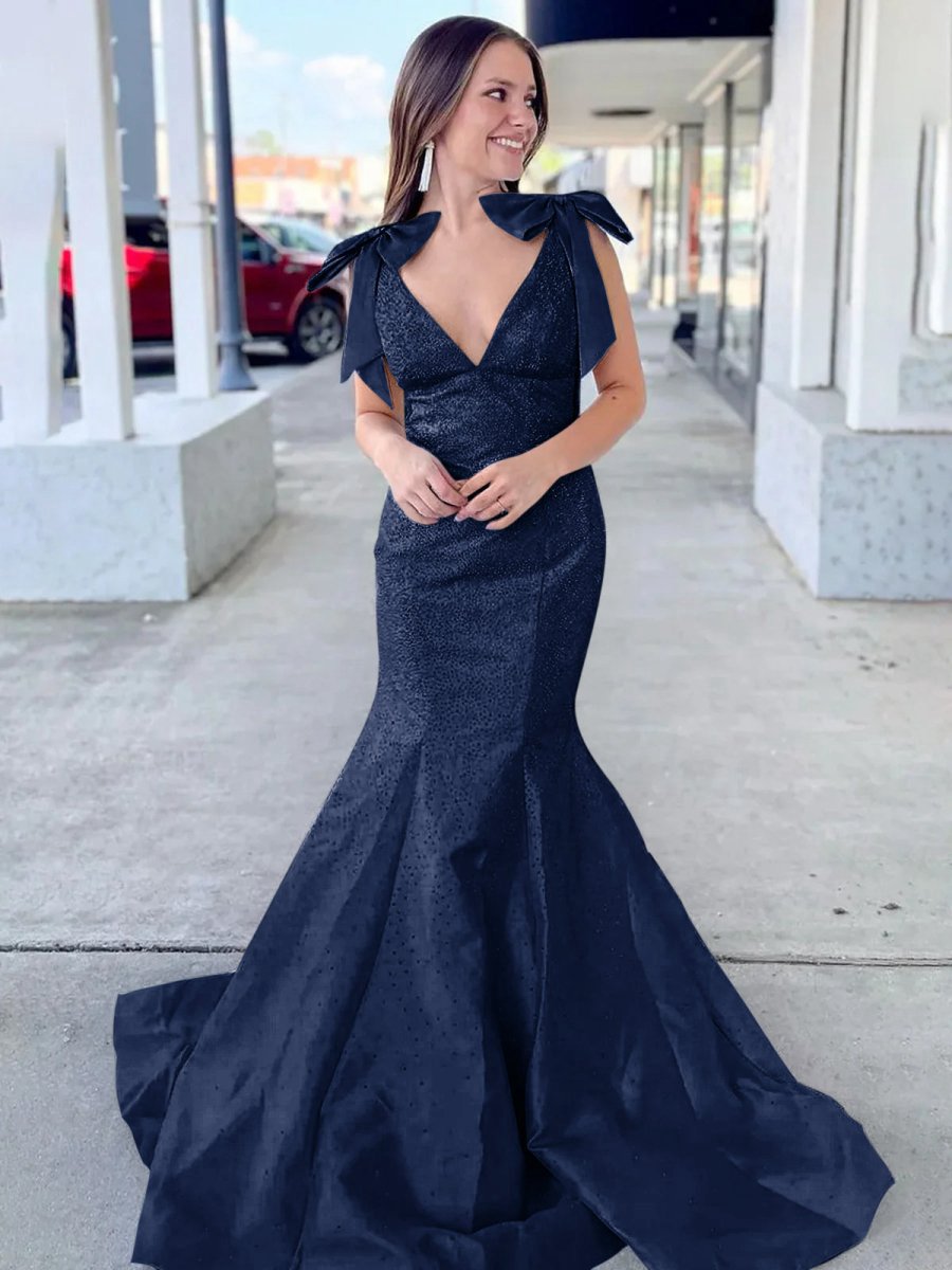 V Neck Mermaid Satin Long Prom Dresses with Bow