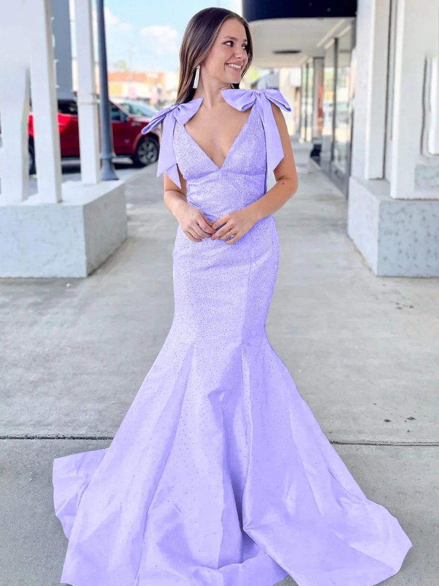 V Neck Mermaid Satin Long Prom Dresses with Bow
