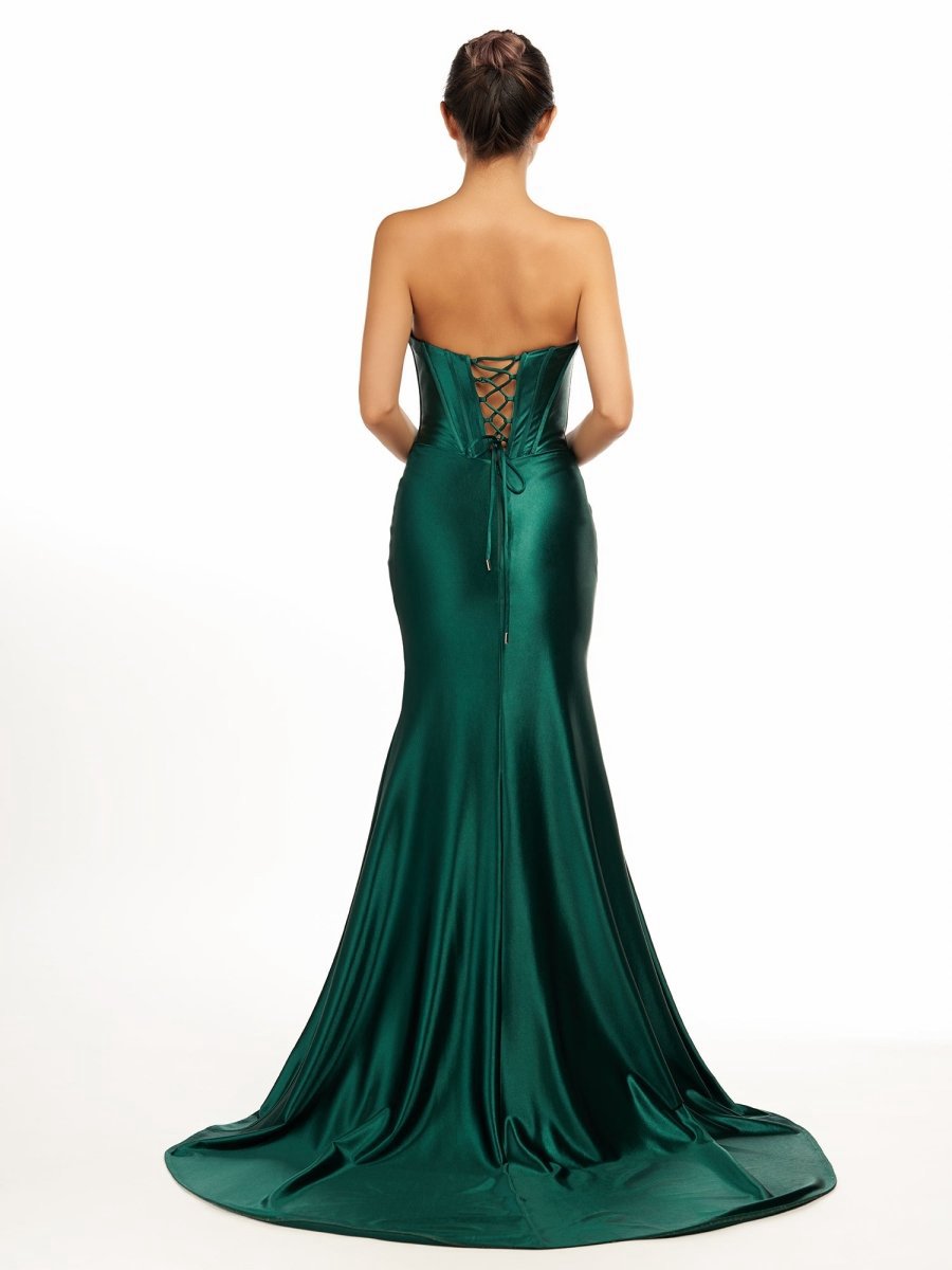 Strapless Sheath Satin Long Prom Dresses with Split