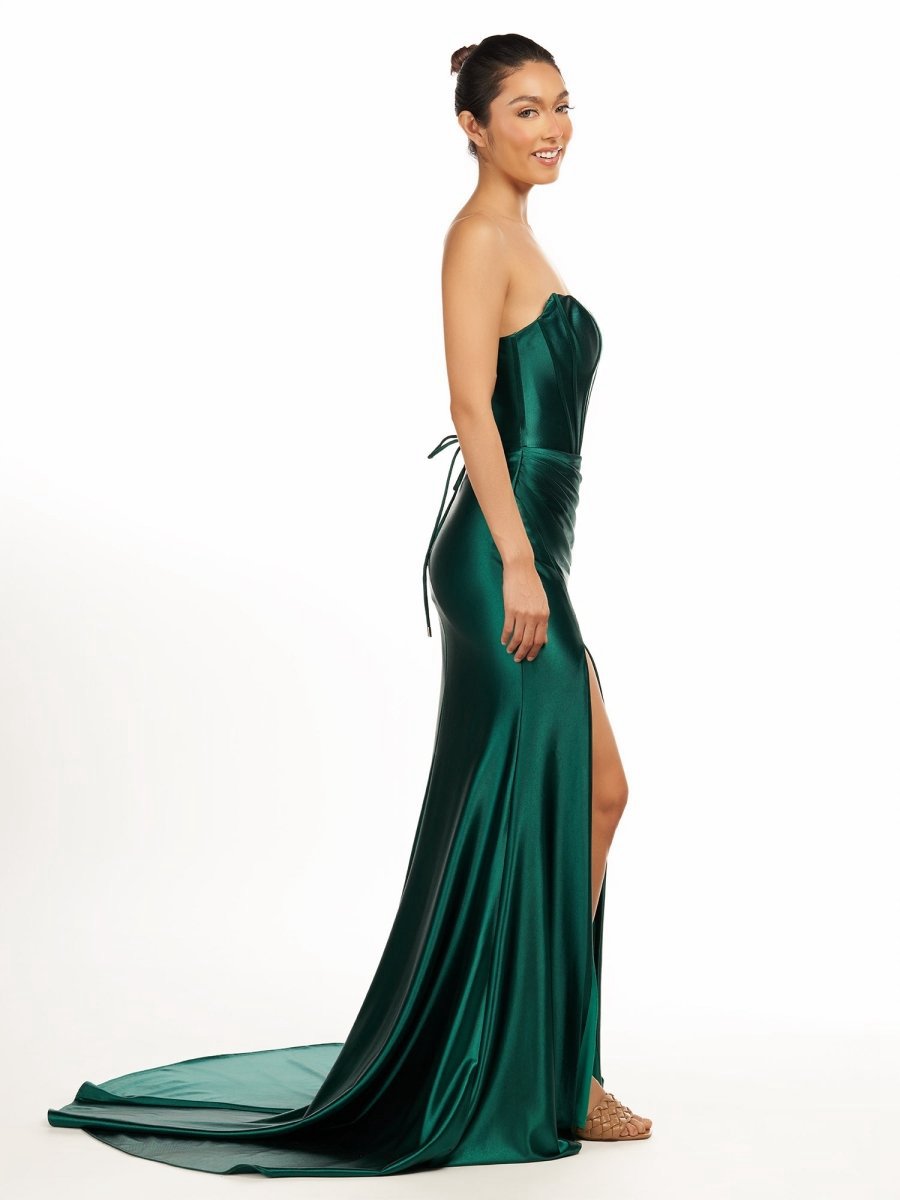 Strapless Sheath Satin Long Prom Dresses with Split