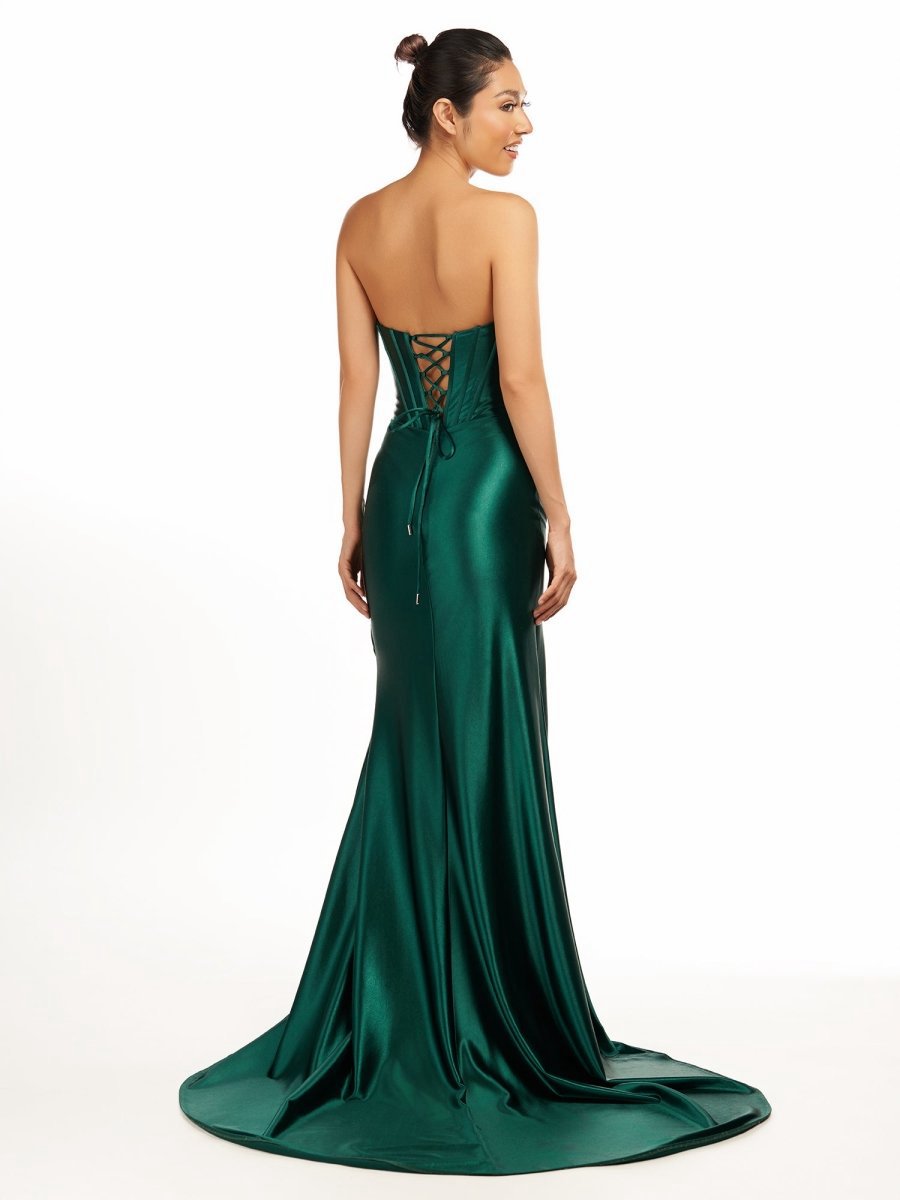 Strapless Sheath Satin Long Prom Dresses with Split
