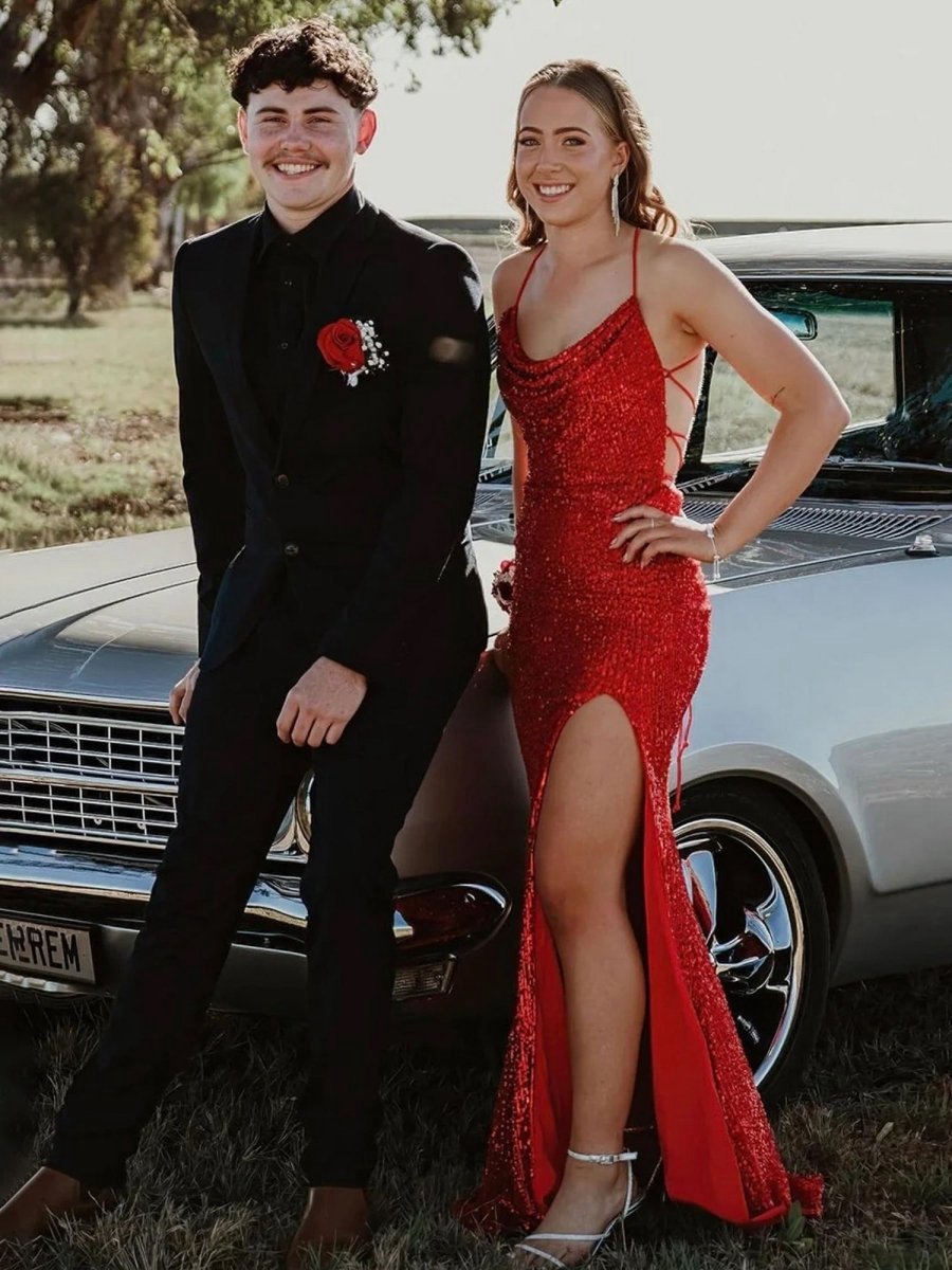 Halter Mermaid Sequins Prom Dresses with Split