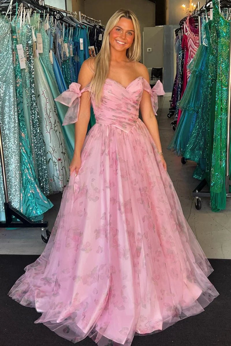 A-line Off the Shoulder Floral Printed Long Prom Dresses