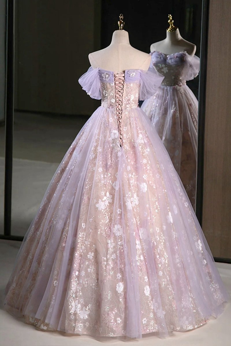 Off the Shoulder Tulle A-line Prom Dresses with Appliques
