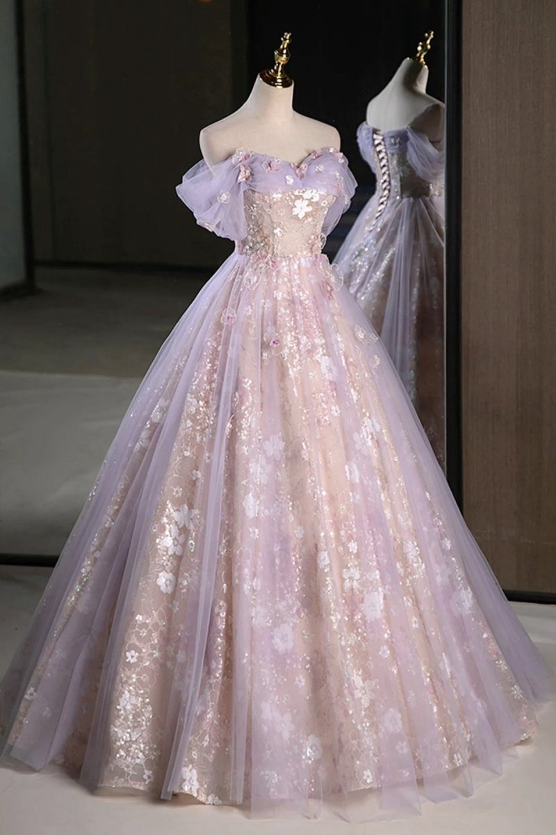 Off the Shoulder Tulle A-line Prom Dresses with Appliques
