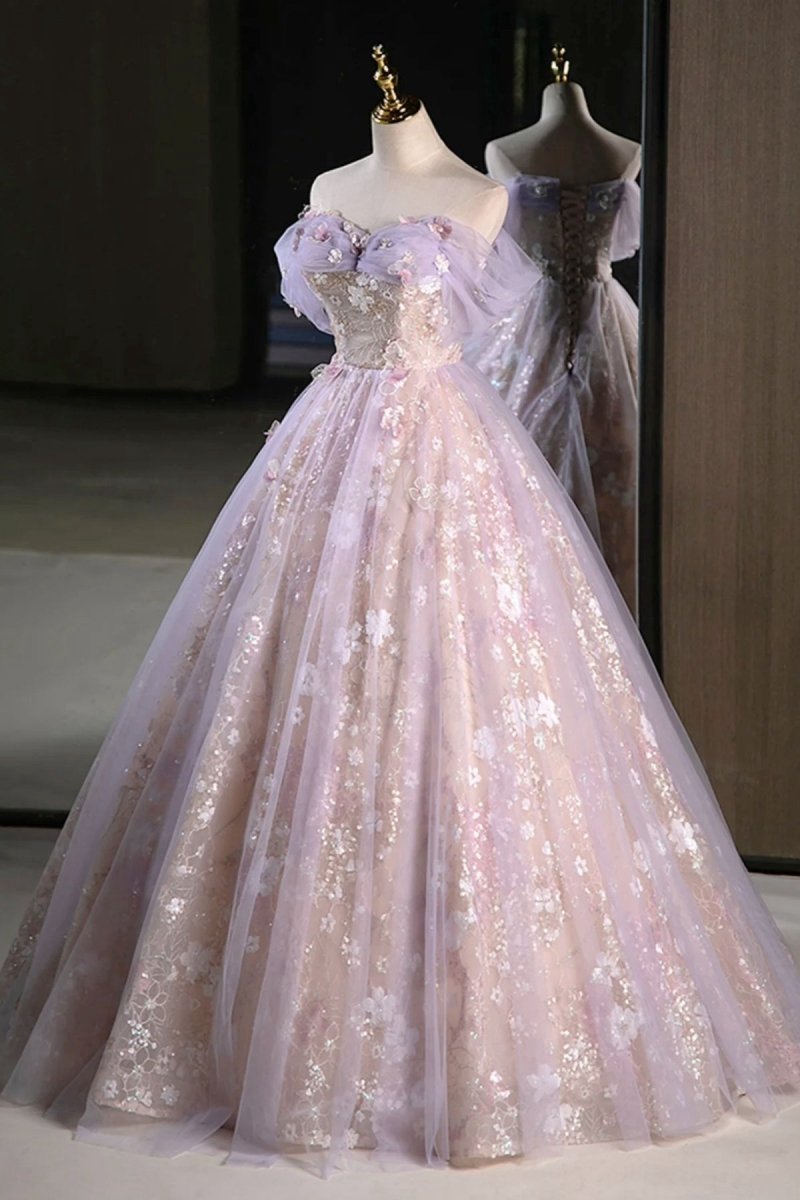 Off the Shoulder Tulle A-line Prom Dresses with Appliques