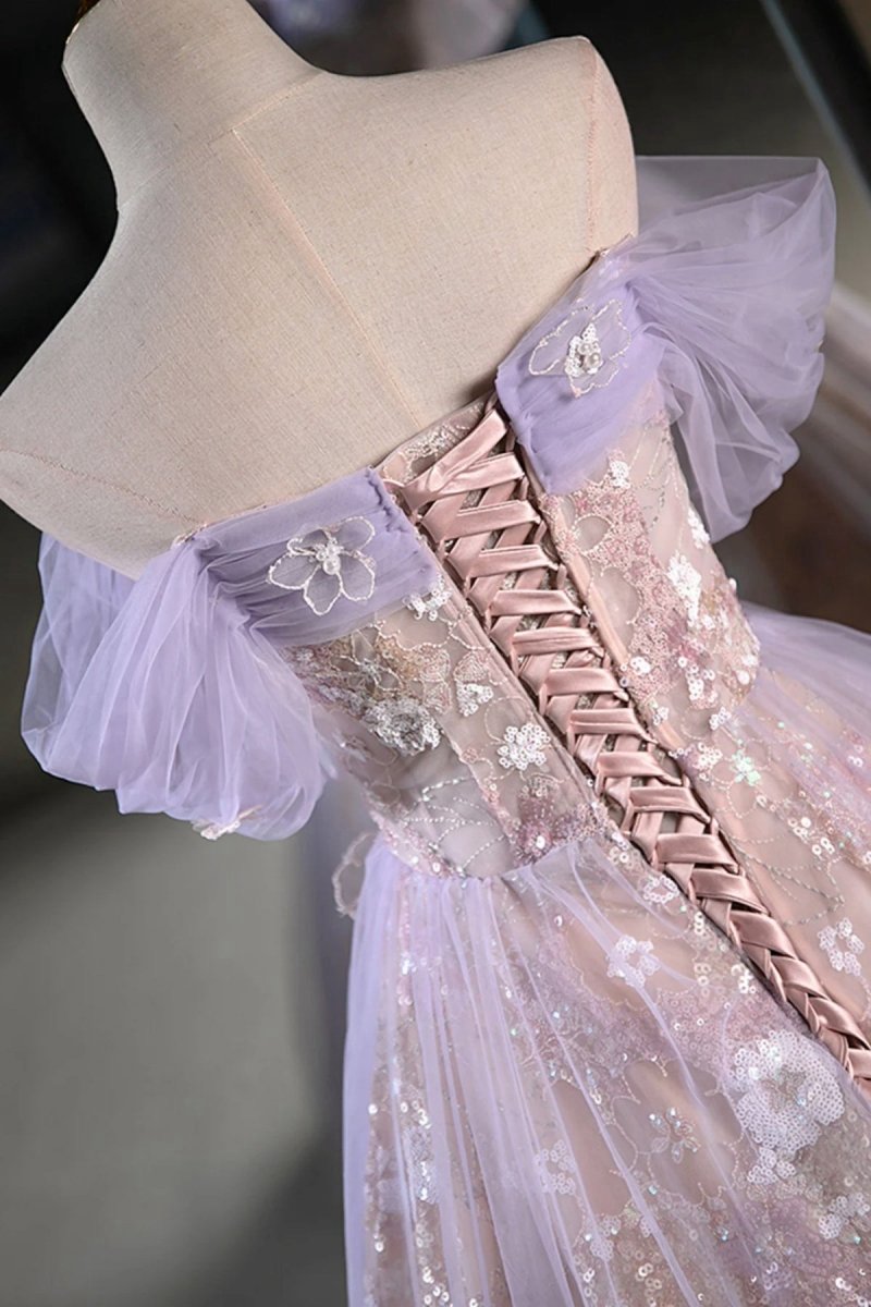 Off the Shoulder Tulle A-line Prom Dresses with Appliques