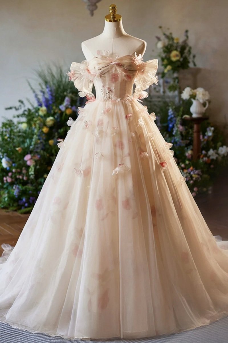 Off the Shoulder Tulle Floral Floor Length Long Prom Dresses