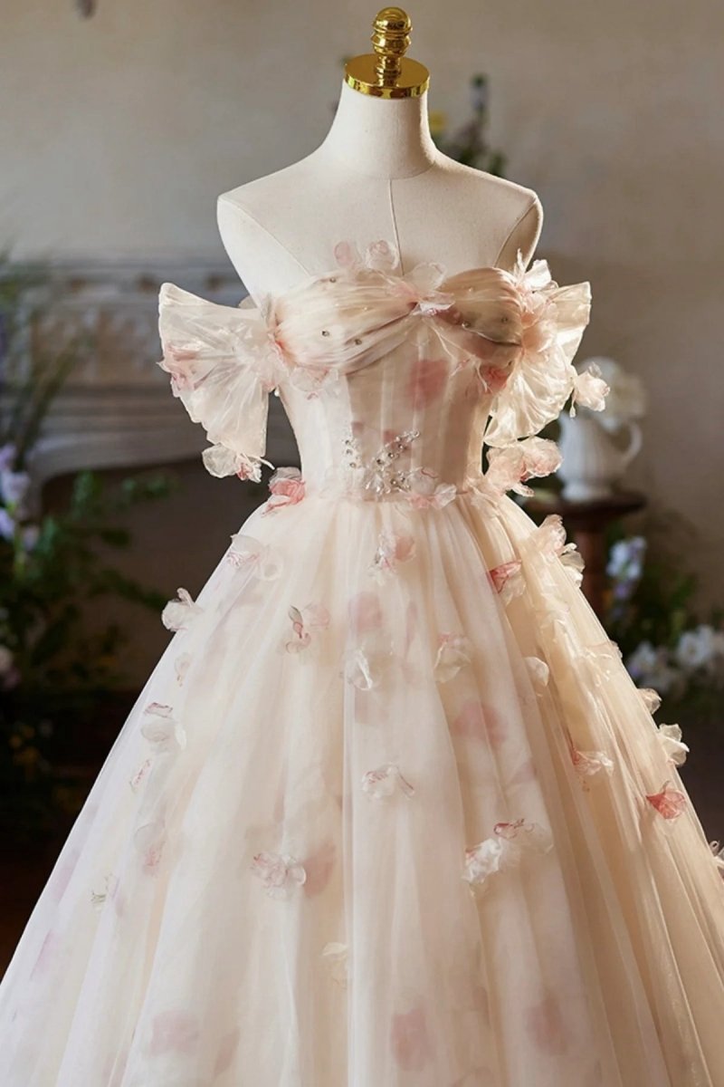 Off the Shoulder Tulle Floral Floor Length Long Prom Dresses