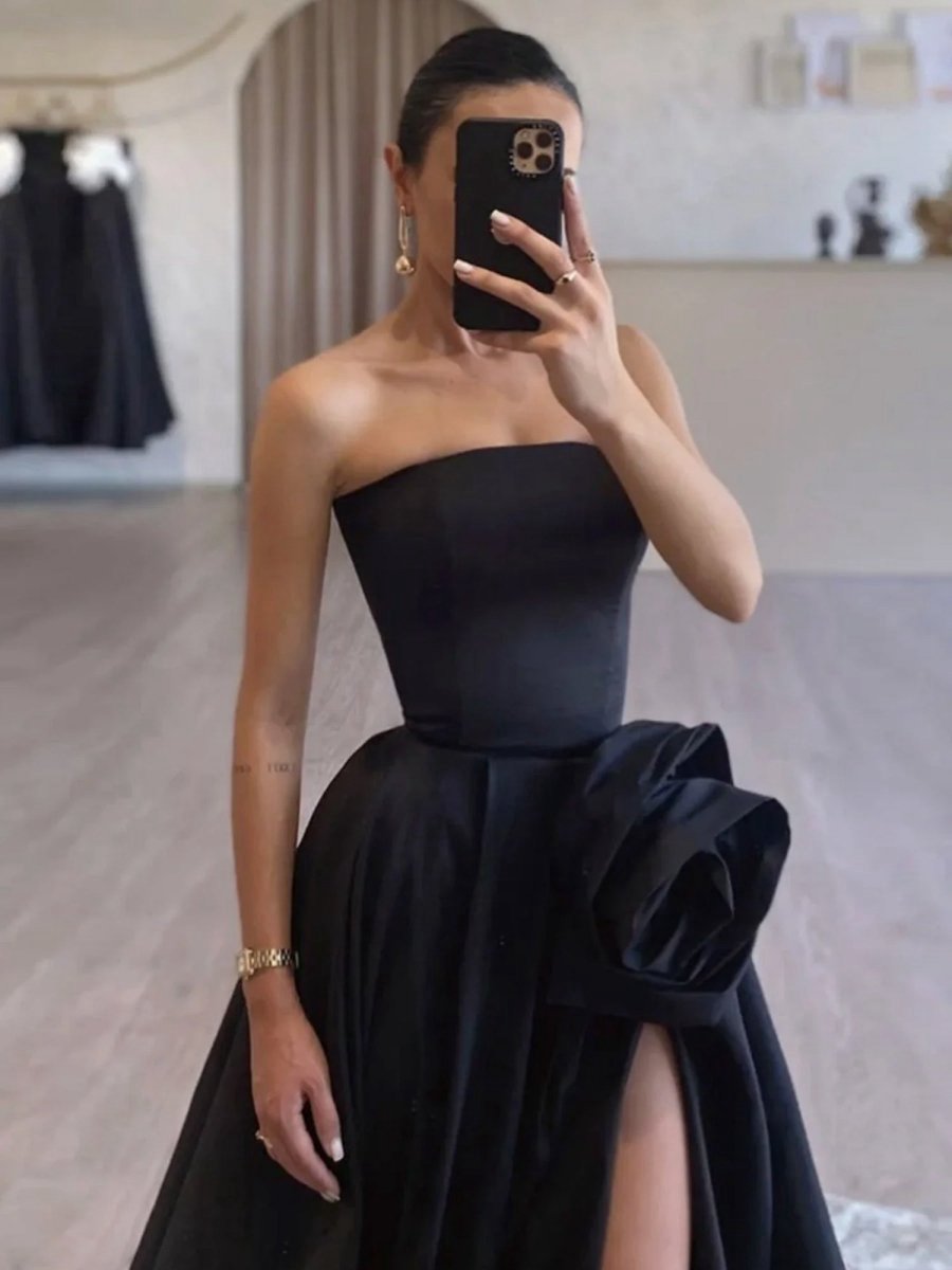 Strapless Satin Long Prom Dresses with High Split