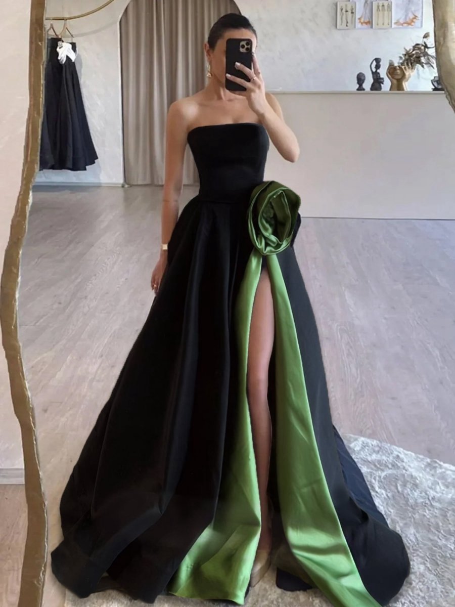 Strapless Satin Long Prom Dresses with High Split