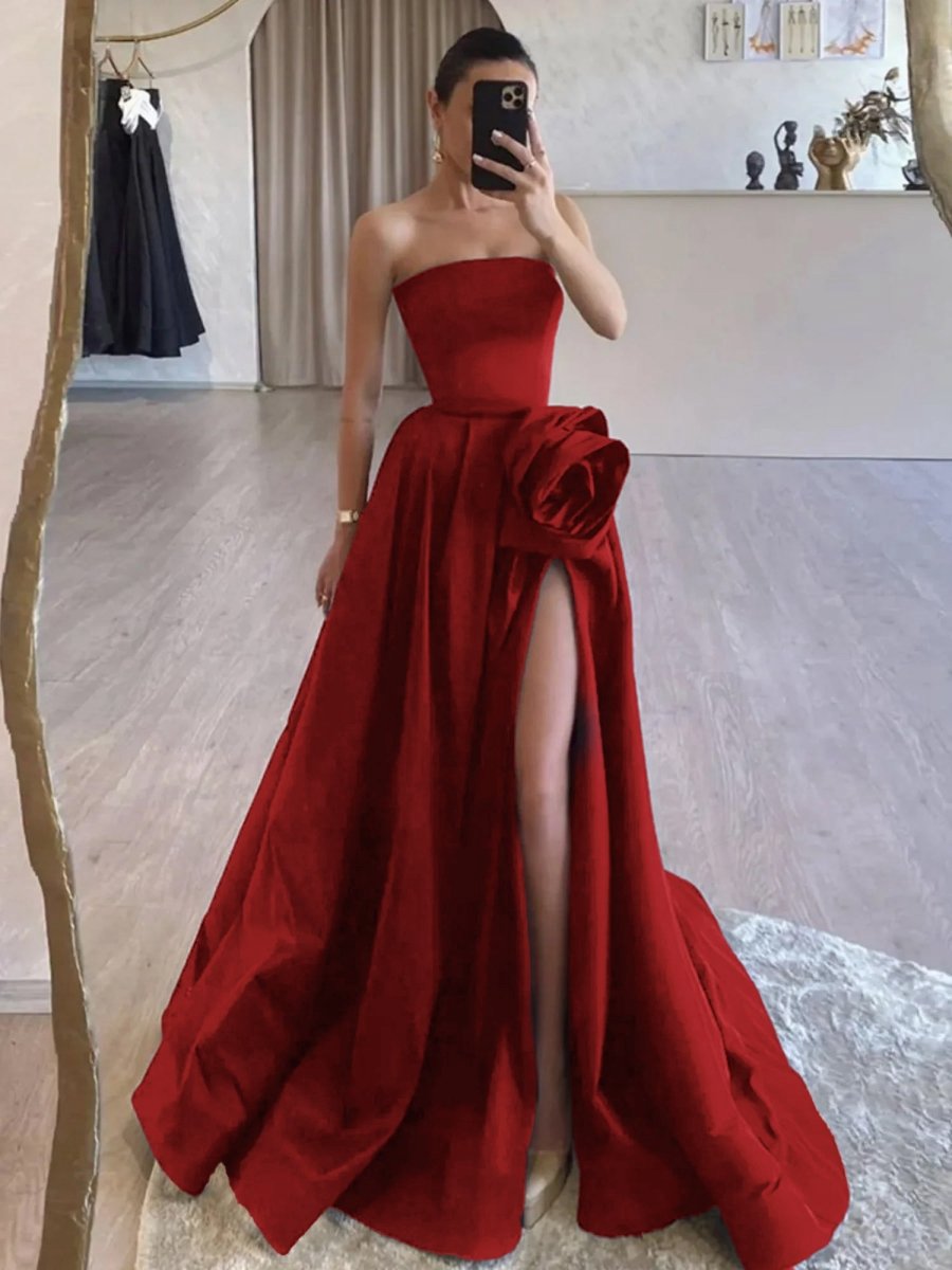 Strapless Satin Long Prom Dresses with High Split