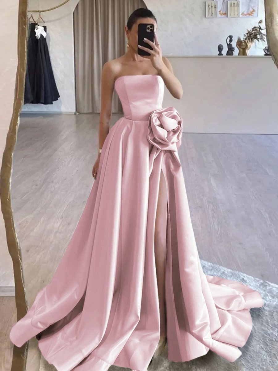 Strapless Satin Long Prom Dresses with High Split