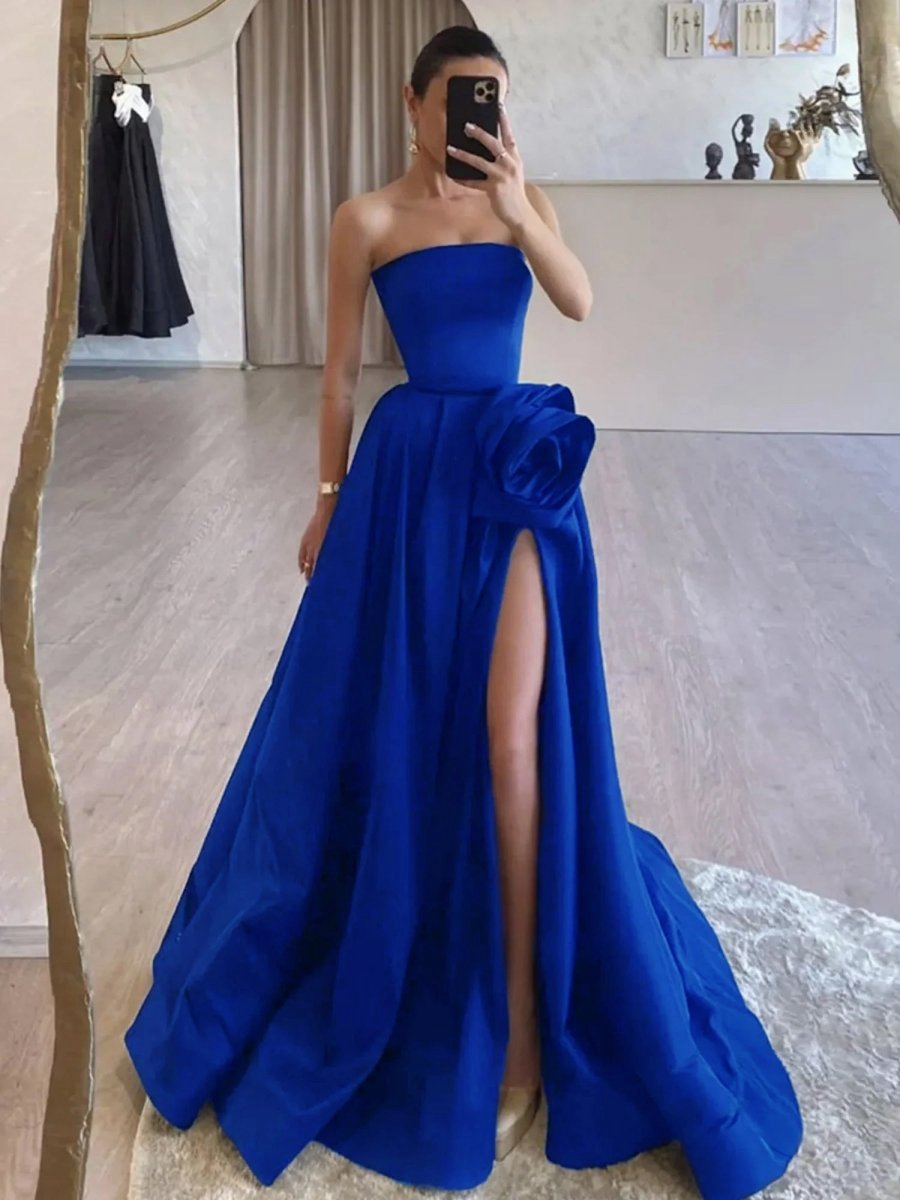 Strapless Satin Long Prom Dresses with High Split